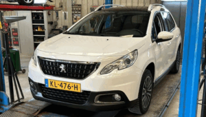 Witte auto bij de garage